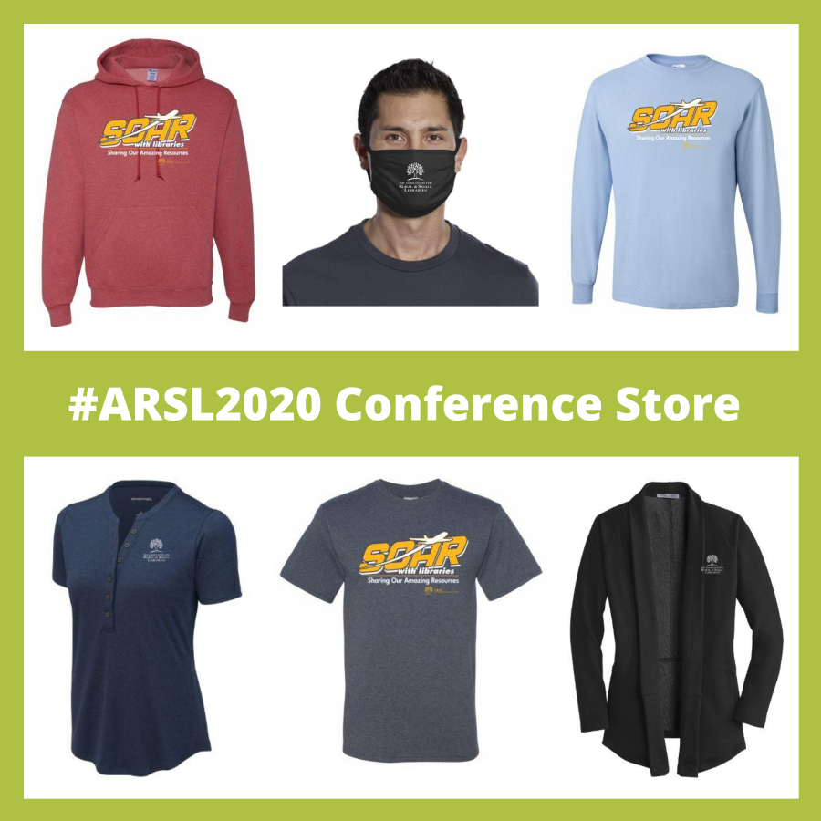Two rows of SOAR and ARSL conference merch with "#ARSL2020 Conference Store" written across the middle