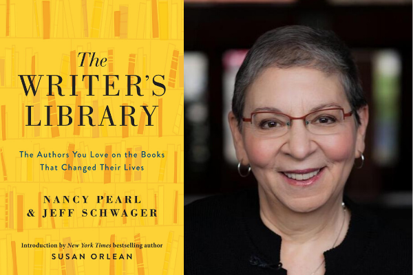 Front cover of The Writer's Library next to a photo of author Nancy Pearl