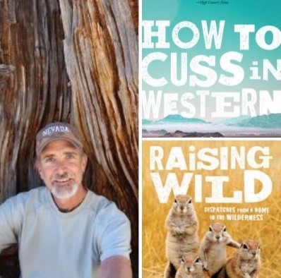 Headshot of Michael Branch next to the front covers of two of his books, "How to Cuss in Western" and "Raising Wild".