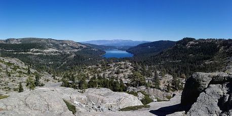 Landscape with Lake Tahoe and mountains.