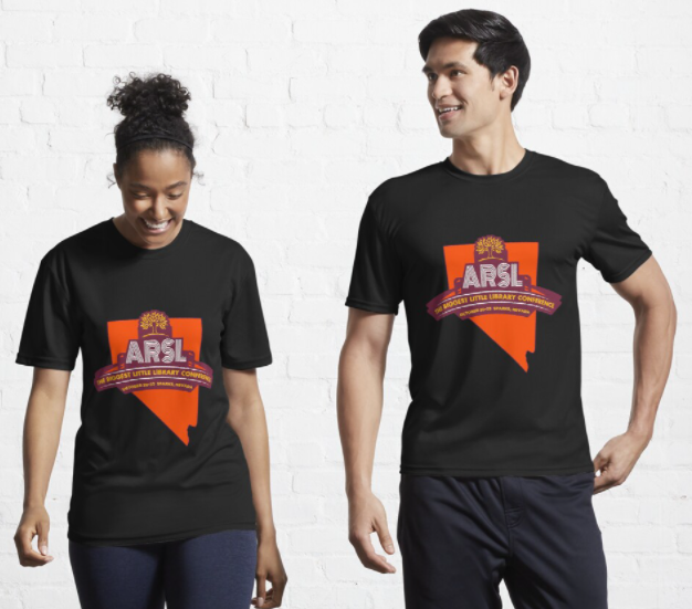 Two people wearing black retro ARSL conference logo t-shirts.