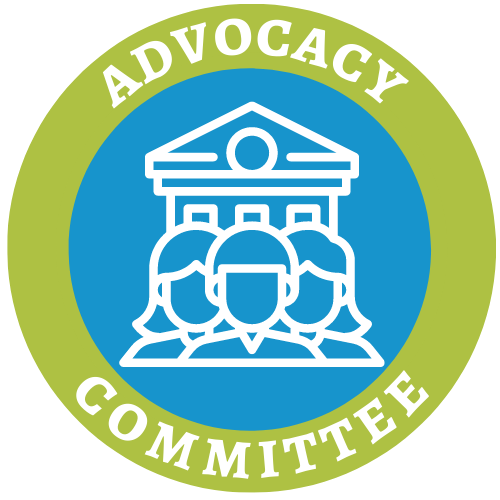 Advocacy Committee logo, three heads in front of a legislative building.