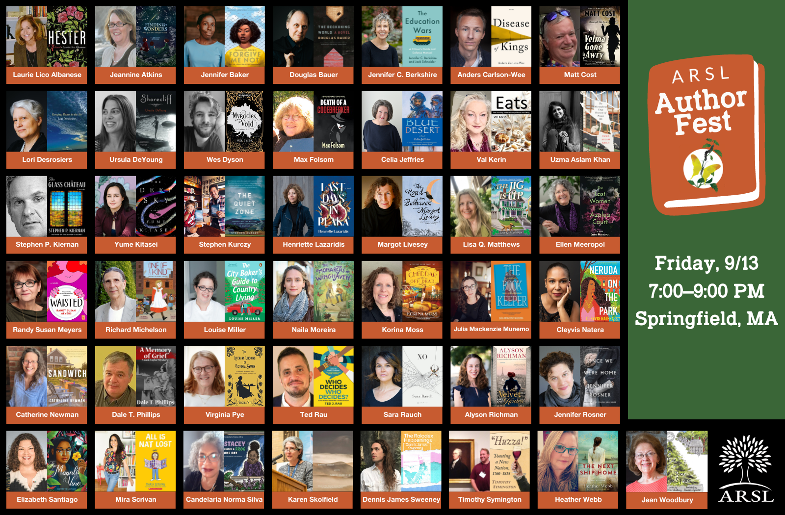 Collage of headshots and front covers of authors attending the Author Fest at ARSL 2024.
