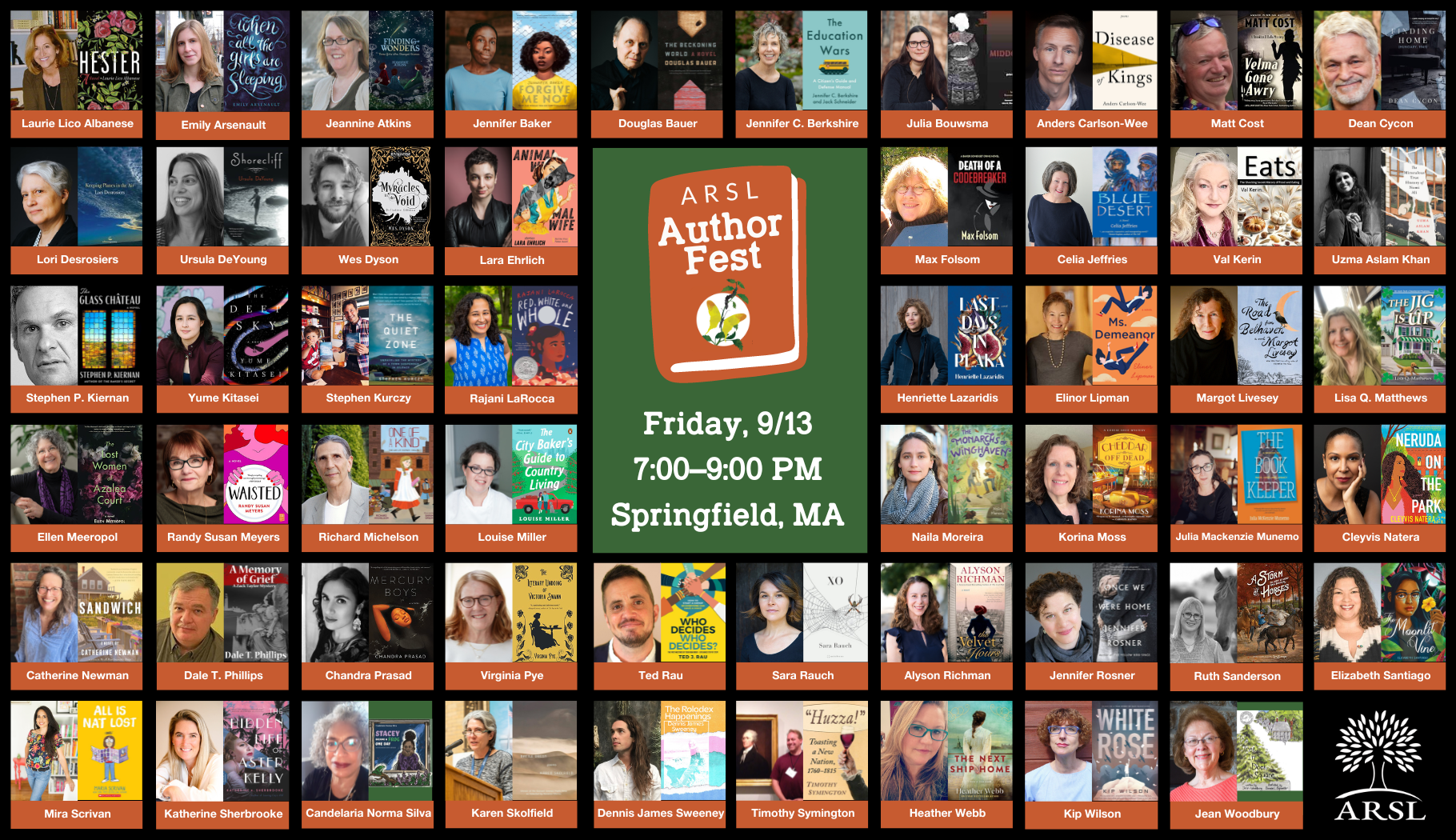 Collage of headshots and front covers of authors attending the Author Fest at ARSL 2024.