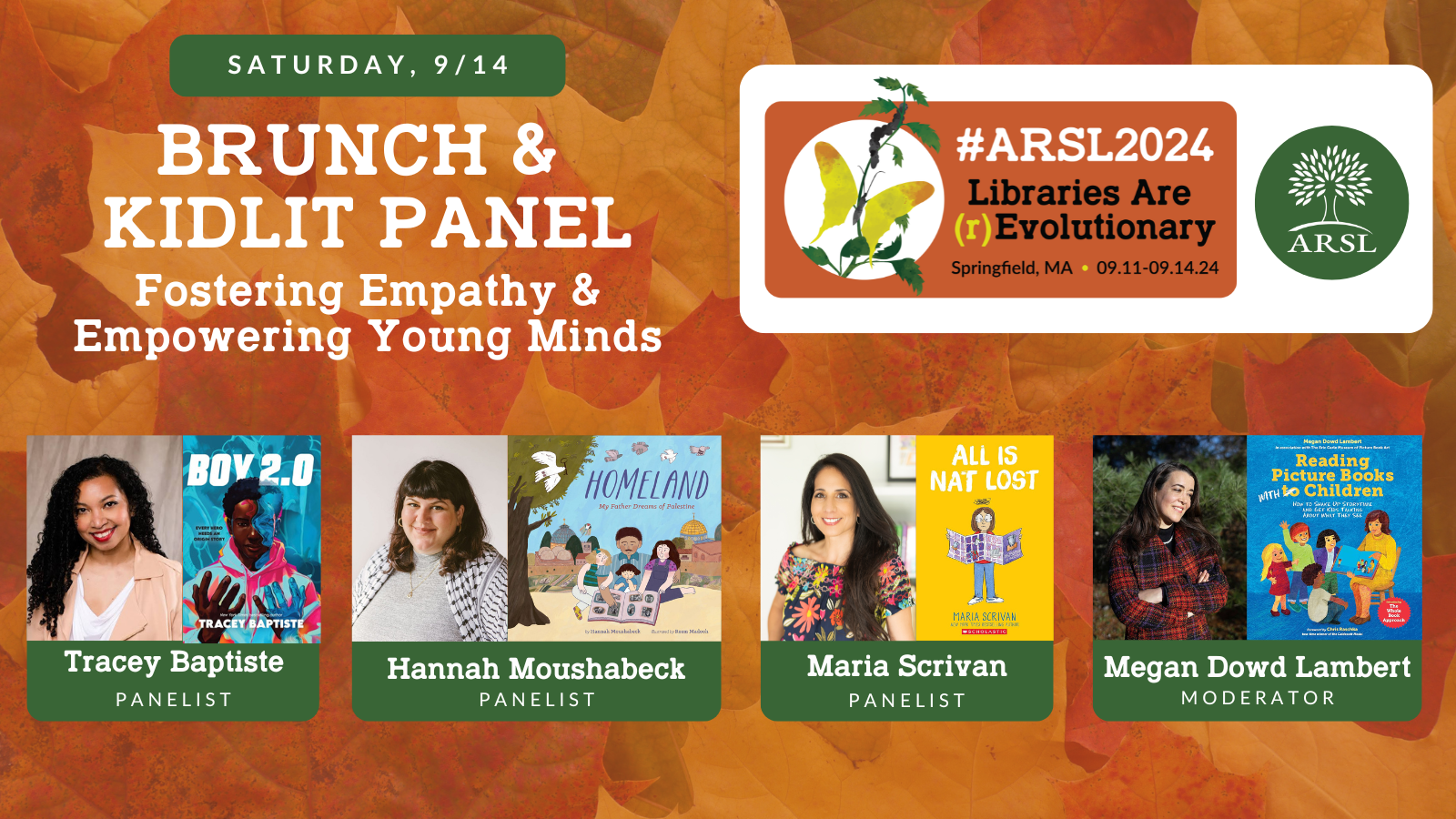 Poster for Brunch & KidLit Panel with headshots of panelists and the front covers of their books.