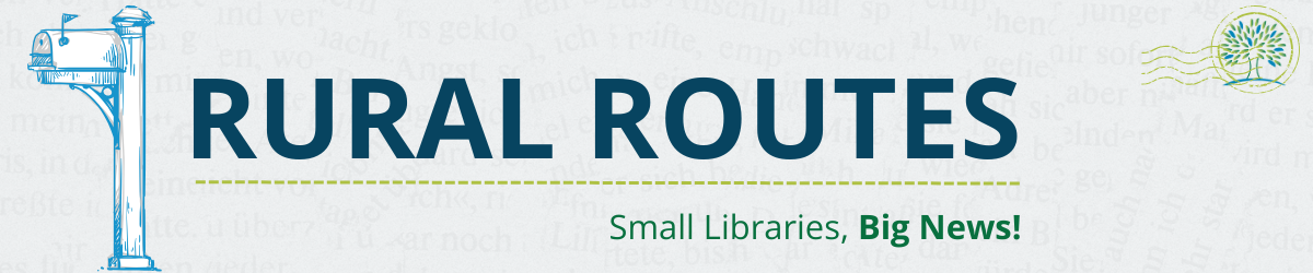 Rural Routes: Small Libraries, Big News blog banner image, featuring a blue mailbox in sketch style and the ARSL logo inside a postmark design.