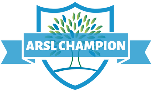 Blue ribbon with "ARSL Champion" written on it running across a blue shield featuring the ARSL logo tree
