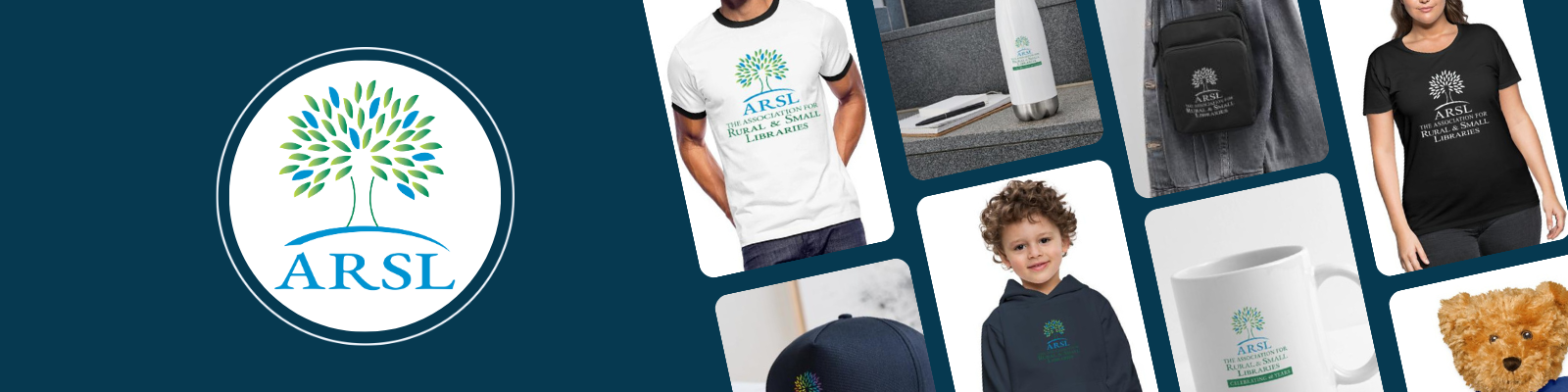 ARSL store banner, with examples of merchandise like hoodies and mugs.