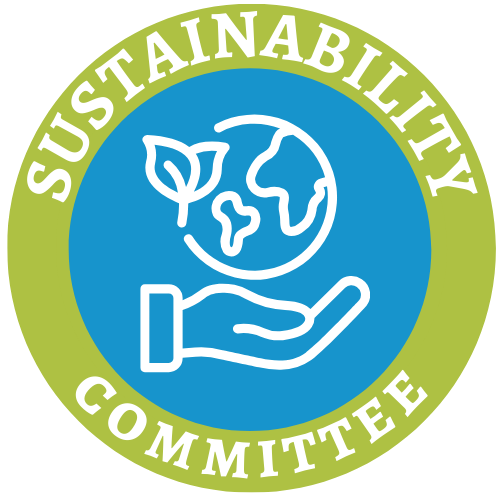Sustainability Committee logo, a hand cupping the earth and a leaf.