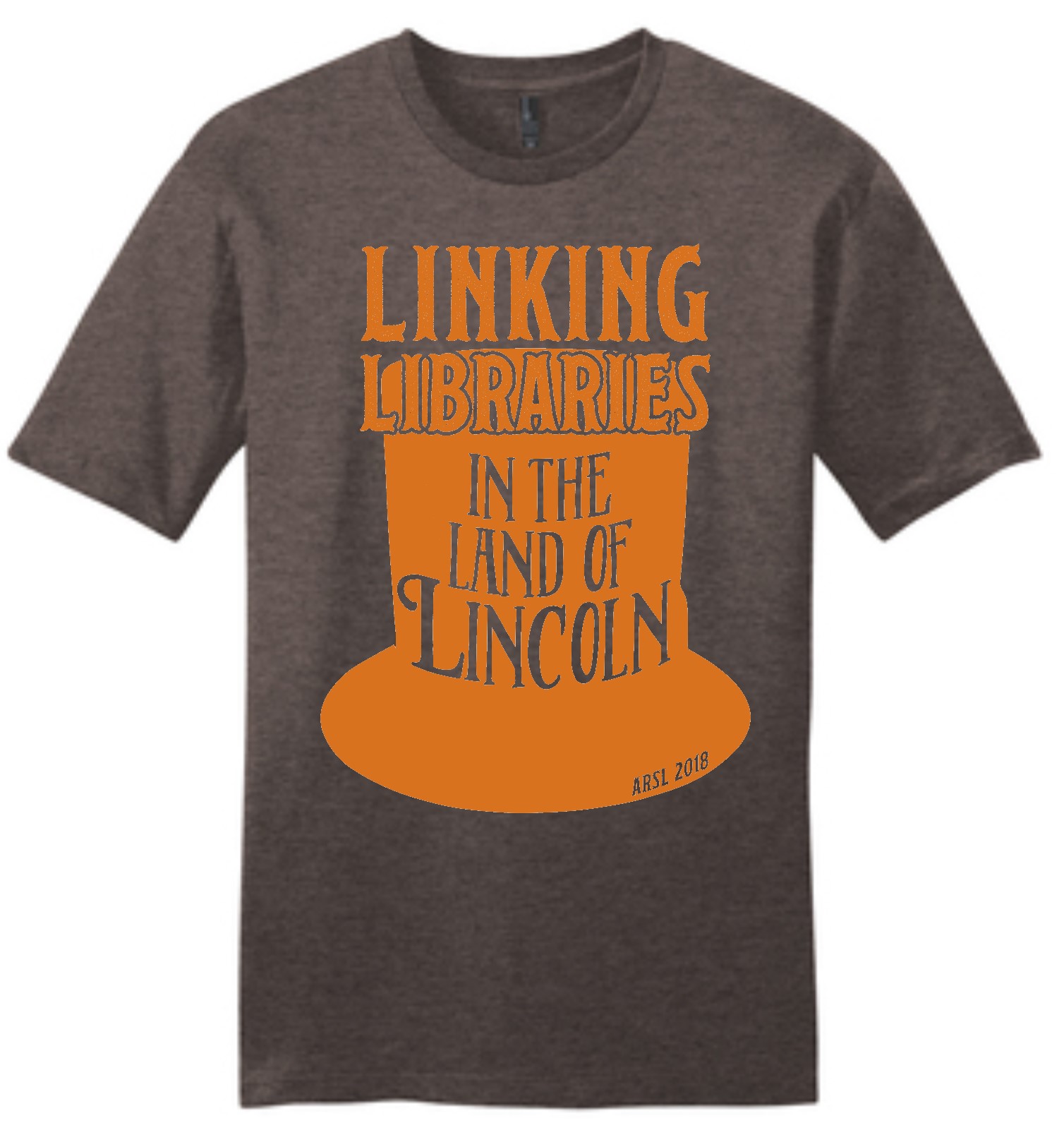 Brown t-shirt with "Linking Libraries in the Land of Lincoln" logo.
