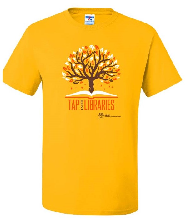 Yellow t-shirt with "Tap into Libraries" logo.