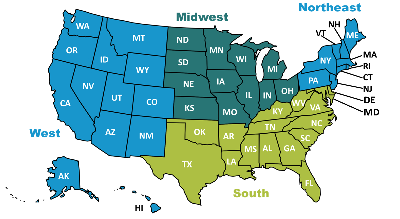 Map of the USA divided into four regions, West, Midwest, Northeast, and South.
